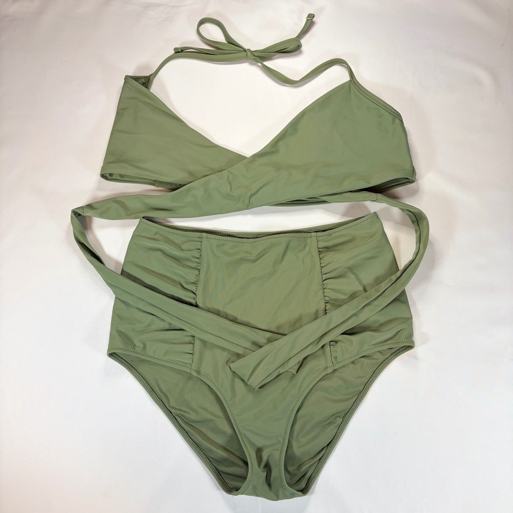 Aerie Olive Green Wrap Halter Bikini Top High Waisted Ruched Bottoms Set L Swim